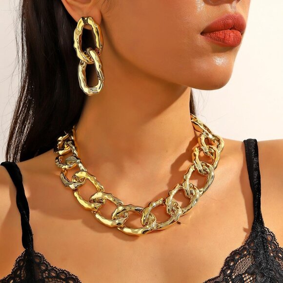Acrylic 14K Gold Chunky Chain Necklace Earrings Set for Women,Punk Short Thick W - Picture 4 of 9